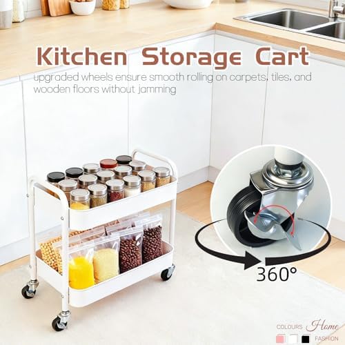 2 Pack Two Tier Rolling Cart with Wheels Small Pantry Floor Organizer Under Desk Storage Metal Short Utility Cart for Small Space, Kitchen Shelf Laundry Room Bathroom Organization, White - Image 4
