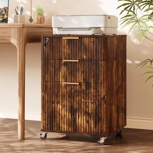 3 Drawers Fluted Mobile File Cabinet with Lock, Rolling File Cabinet Printer Stand Table, Under Desk Wooden Filing Cabinets for Home Office Essentials Storage Organization Furniture Letters/A4(Retro) by INNODToddlerTower