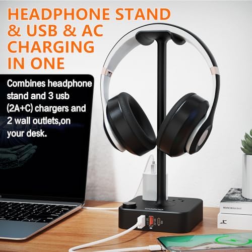 Headphone Stand with Charger for Desk, Gifts for Gamers Men, Black - Image 2