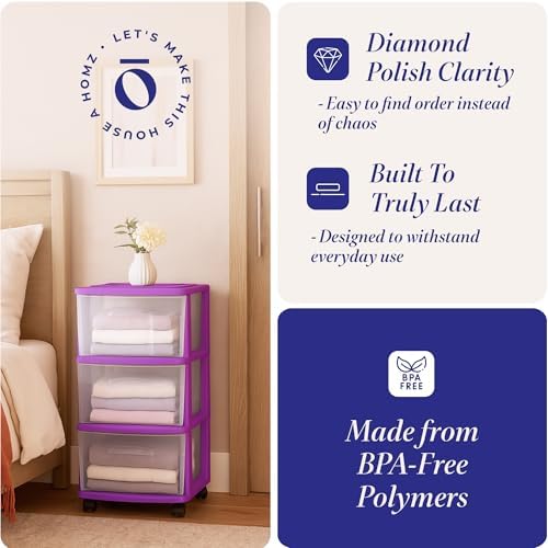 HOMZ Drawer Tower, 3-Tier Storage Cart w/ Removable Wheels, Purple, 2 Pack - Image 5