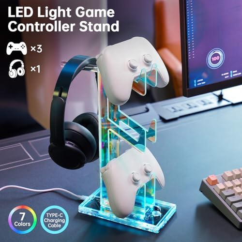 NiHome Controller Holder & Headphone Stand, LED Acrylic 3-Tier Gaming Desk - Image 2