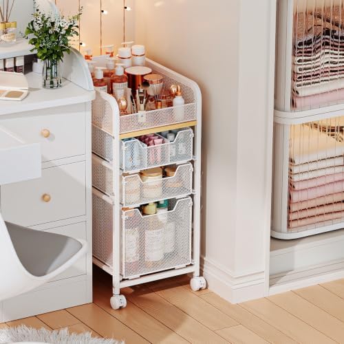 Rolling Makeup Cart Organizer with 3 Drawers, Narrow Floor Skincare Organizers, Vanity Organizer Cosmetics Display Cases Holder for Skin Care Nail Polish Perfume Makeup Brush, White by Hongtamoya
