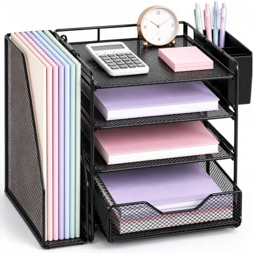 Desk Organizer, 4-Tier Desktop File Organizer with Drawer and Pen Holders, Office Desk Accessories, File Sorters, Workspace Organizers for Office Supplies(Black-1) - Image 2