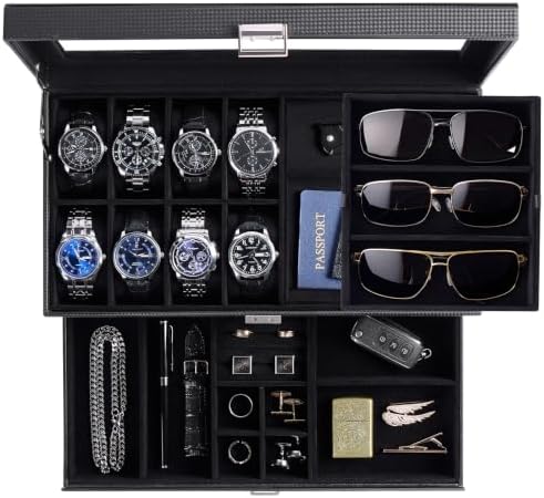 ProCase Mens Jewelry Box, Lockable 8 Slot Watch Case & 3 Slot Sunglasses Organizer, 2-layer Mens Jewelry Organizer Watch Box for Men, Watches Holder Display Storage, Fathers Day Gift -AllBlack by ProCase