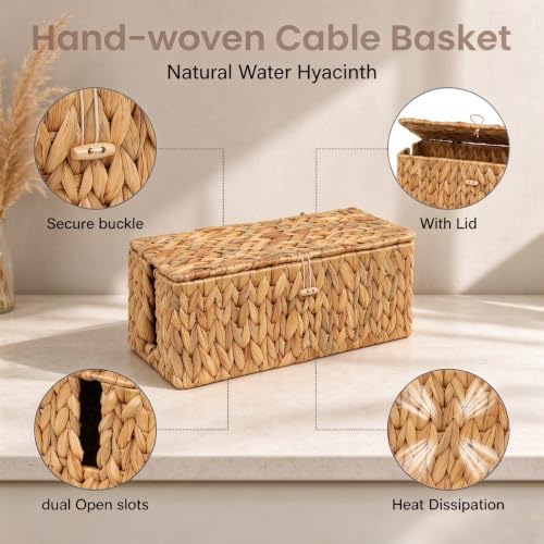 efluky Set of 2 Natural Water Hyacinth Cable Management Box, Hand-Woven Cord Organizer with 2 Open Slots, Decorative Cord Box to Hide Power Strip, USB Wires & Charger for Home & Office - Image 3