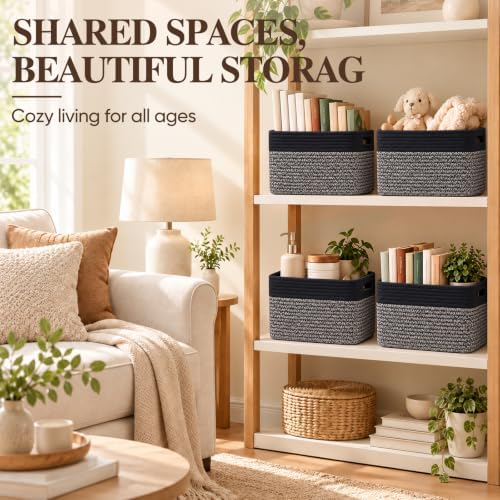 4 Pack Storage Baskets for Organizing, Woven Baskets for Shelves - Perfect for Toys, Books, Towels, and Clothes, Durable Gift Basket Bins Toy Storage, 13''Lx9''Wx7.8''H, Dark Grey and Black - Image 4