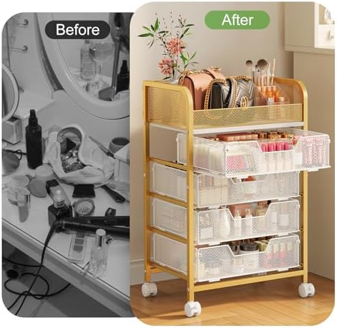Makeup Cart Organizer with 4 Drawers, Large Floor Skincare Organizers, Vanity Storage Organizer Cosmetics Display Cases for Skin Care Perfume Nail Polish, Gold - Image 5