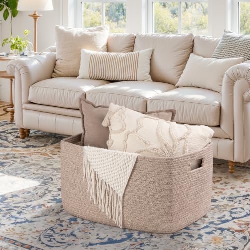 OIAHOMY 75L Large Blanket Basket Woven Cotton Rope Storage Basket Brown - Image 2