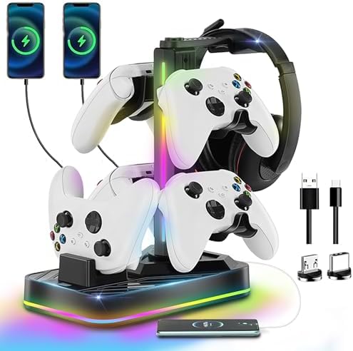 Controller Charger with Headphone Stand for Xbox Series X|S/Elite 2/One/One X/One S/One Elite, RGB Controller Charging Station Dock for Xbox, Headset and Controllers Holder Stand, 3 USB Ports by JDGPOKOO
