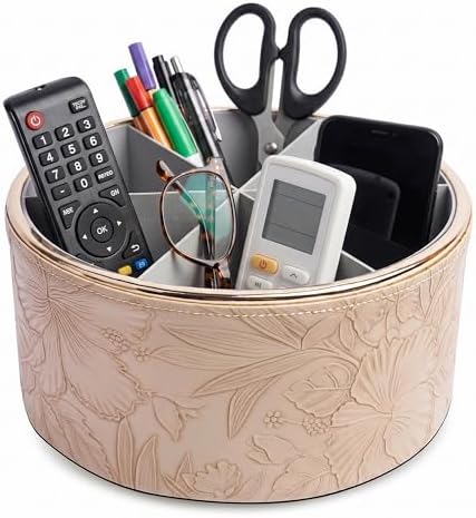 Remote Control Holder, 360°Spinning PU Leather Desk TV Remote Caddy,Desk Storage Box Room Accessories for Controller, Media,Mail,Calculator, Mobile Phone,Pencil(1B-Golden Apricot) by Hennaja