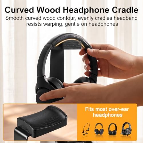 Solid Wood Metal Headphone Stand with Modular Controller Holder for Desk - Image 4