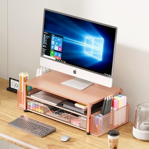 Desk Organizer and Accessories, 2-Tier Computer Monitor Stand Riser with Drawer and 2 Pen Holders, Laptop Stand, Office Desk Accessories for Office Supplies, Rose - Image 5