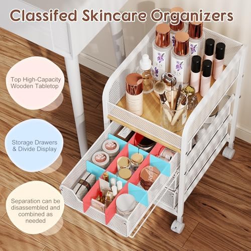 Rolling Makeup Cart Organizer with 3 Drawers, Narrow Floor Skincare Organizers, Cosmetics Display Cases Vanity Organizer for Skin Care Nail Polish Perfume Makeup Brush, White - Image 4
