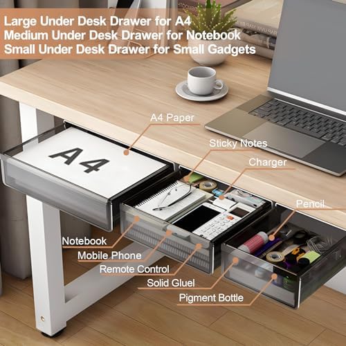 Under Desk Table Drawer Storage Organizer,3 Pack Large & Medium & Small Slide Out Desk Drawers - Hidden Desktop Organizer,Attachable Pencil Storage Tray Under Table(SML) - Image 3