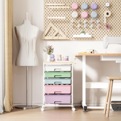 5-Tier Rolling Cart with Drawers with Wooden Top, Ice Cream - Image 2