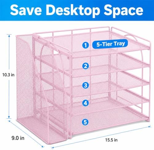 Desk Organizer, 5-Tier Paper Organizer Letter Tray, Pink - Image 3