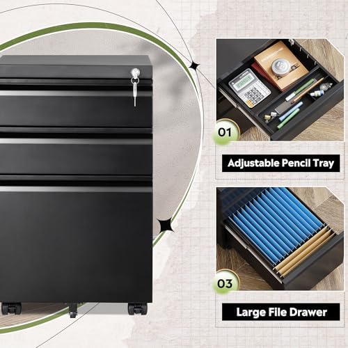 DEVAISE 3 Drawer File Cabinet with Lock, Fully Assembled Except Casters - Image 4