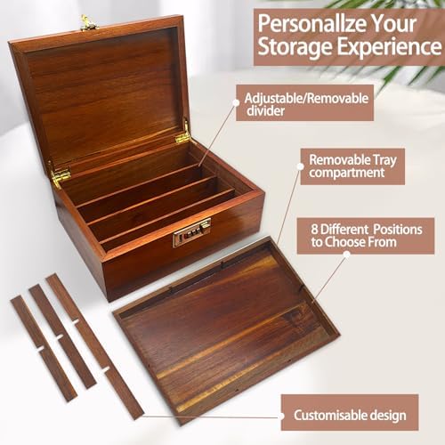 Large Acacia Wooden Storage Box with Hinged Lid and Combination Lock Decorative Boxes with Removable Tray Memory Box Keepsake Chest Stash Boxes Lockable Chest for Jewelry Accessories Treasured Items - Image 3