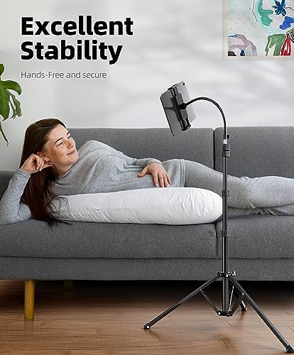 Heavy Duty Tablet Tripod Stand 82” Tall, Floor Stand with Remote and Adjustable Gooseneck for Watching/Stream/Recording, Tripod for iPad Pro 12.9”/Kindle/iPhone, and All 4.5-13” Tablet/Phone - Image 2