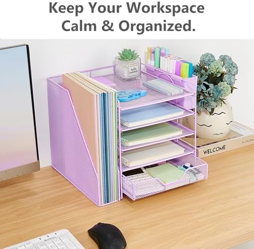 5-Tier Desk File Organizer with Drawer & Pen Holder (Purple) - Image 5