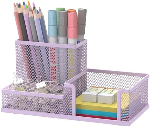 Mesh Pen Holder Desk Organizer, Office Supplies Pencil Storage with 3 Compartments, Office Desk Accessories and Workspace Organizers for Home School Classroom, Purple by SUPEASY
