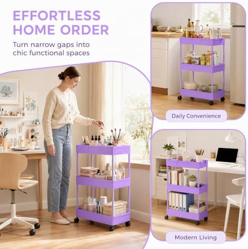 Slim Storage Cart 3 Tier,Bathroom Organizer Rolling Utility,Mobile Shelving Unit Slide Out for Office, Kitchen, Laundry Room & Narrow Places,Purple - Image 4