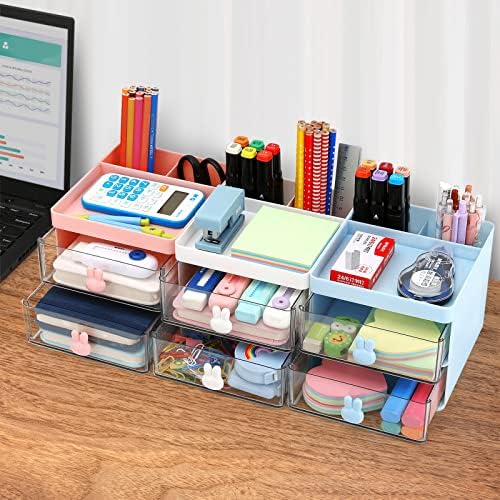 LETURE Small Desk Organizer With Drawer, Office Desktop Storage Box, Business Card/Pen/Pencil/Mobile Phone/Stationery Holder Storage Box, Makeup Organizer for Office School Home (Blue) - Image 4