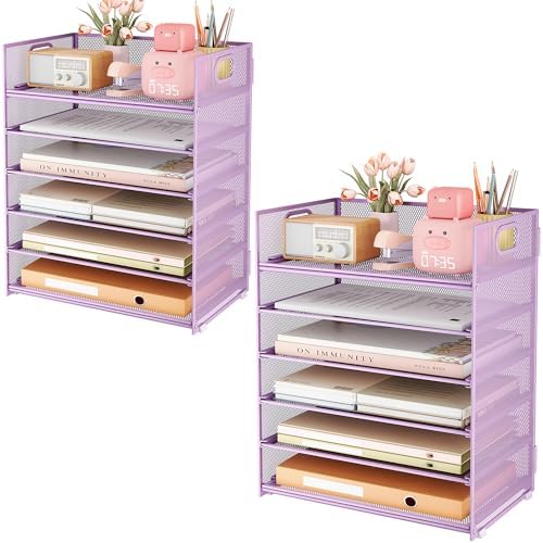 6-Tier Desk Paper Organizer, Desktop File Letter Tray with Handle, Document Sorter and Accessories Holder for Office, Home and School Workspace Organizers, Purple-2 Pack by SUBEKYU