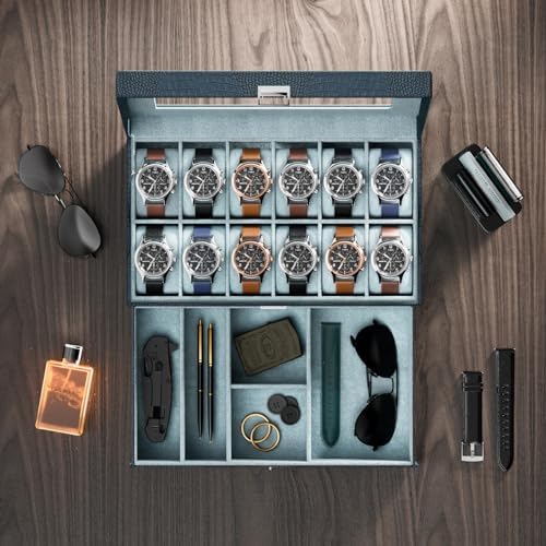 ProCase Watch Box, 12 Slot Watch Case for Men with Drawer, CrocCobaltBlue - Image 4