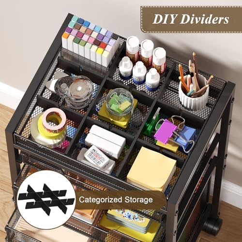 Rolling File Cart with 4 Storage Drawers, Under Desk Organizer with DIY Divider, Moblie Filing Cabinet on Wheels, Fits A4/Letter Size, Metal Utility Cart for Home Office, Black - Image 6