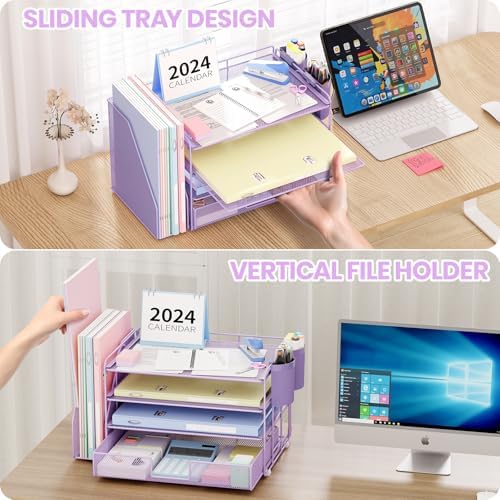 Desk Organizer, 4-Tier Desktop File Organizer with Drawer and Pen Holders, Office Desk Accessories, File Sorters, Workspace Organizers for Office Supplies(Purple) - Image 6