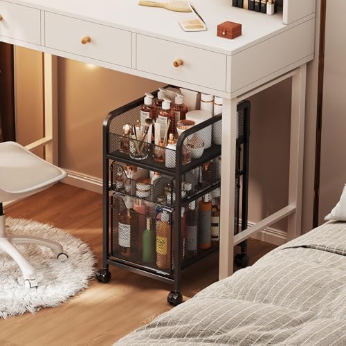 Rolling Makeup Cart Organizer with 2 Drawers, Narrow Floor Skincare Organizers, Vanity Organizer Cosmetics Display Cases Holder for Skin Care Nail Polish Perfume Makeup Brush, Black by Hongtamoya