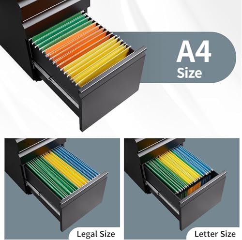 Filing Cabinets for Home Office, Mobile File Cabinet with Lock, 3 Drawer Filing Cabinet for A4/Letter/Legal Size Folder, Fully Assembled Except Casters, Matte Black - Image 4