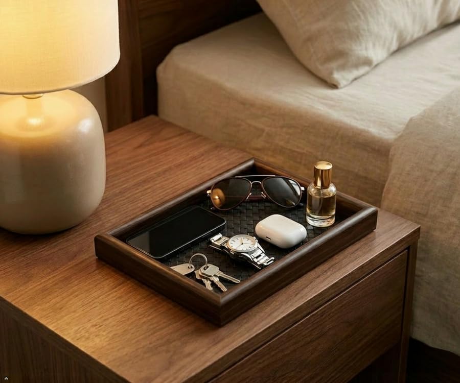Wooden Valet Tray with Leather Base - EDC Catchall Tray for Men - Image 2