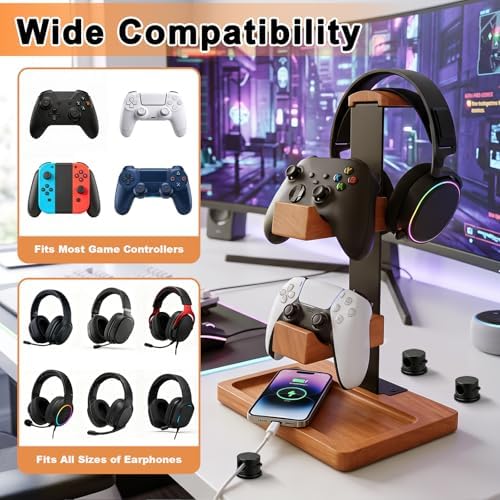 Headset Stand with Dual Controller Holder, Solid Wood - Image 3