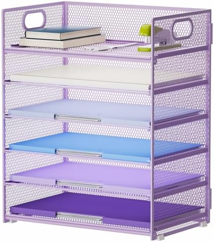 Marbrasse 6 Tier Paper Organizer Letter Tray - Mesh Desk File Organizer with Handle, Paper Sorter for Letter/A4 Office File Folder Holder - Purple by Marbrasse