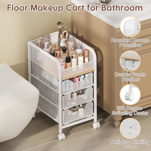 Rolling Makeup Cart Organizer with 3 Drawers, Narrow Floor Skincare Organizers, Cosmetics Display Cases Vanity Organizer for Skin Care Nail Polish Perfume Makeup Brush, White - Image 5