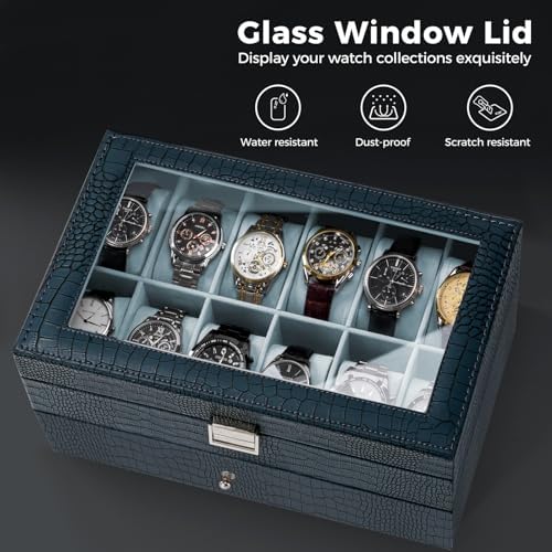 ProCase Watch Box, 12 Slot Watch Case for Men with Drawer, CrocCobaltBlue - Image 6