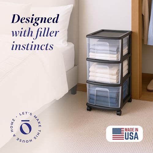 Homz 3 Drawer Plastic Storage Cart Organizer, Clear Drawers, Black Frame - Image 4