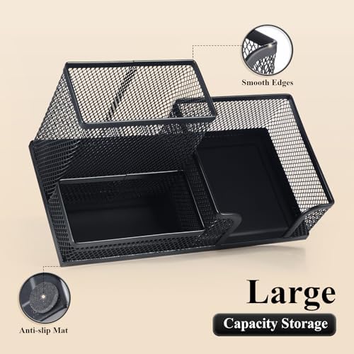 M&G Mesh Pen Holder Desk Organizers Pencil Holder for Desk Black, 3 Compartments Metal Office Supply Organizer with Sticky Notes Holder for School Home Office - Image 4