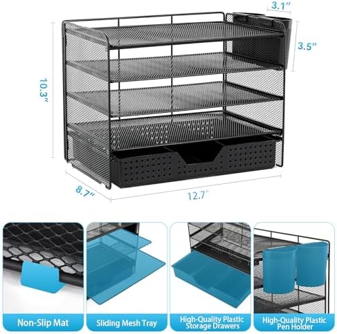Desk Organizer and Accessories, 5-Tier Paper Letter Tray Organizer with Drawer & 2 Pen Holders for Desktop File Organization, Office Desk Accessories for Supplies Storage (Black) - Image 2