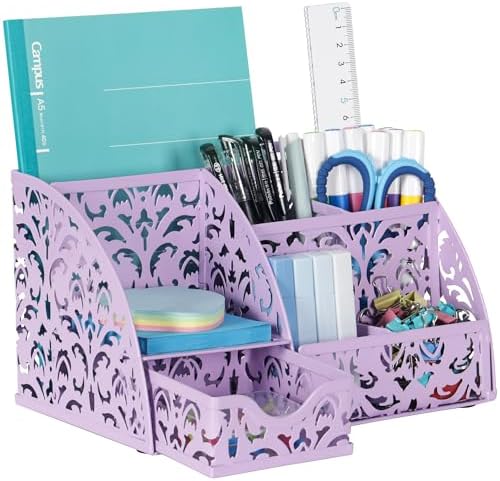 EasyPAG Desk Organizer and Pen Holder for Desk, Mesh Office Supplies Storage Caddy with Drawer for Small Space, Desktop Organizer for Home Office, Purple by EasyPAG