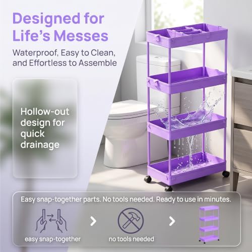 4 Tier Rolling Cart with Wheels, Storage Craft Art Trolley Organizer Serving, 3 Hanging Baskets Easy Assembly, for Office, Living Room, Kitchen - Image 5