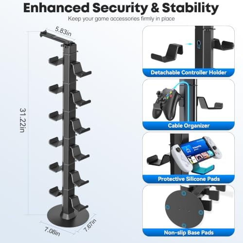 Gaming Controller & Headset Holder Stand for Desk, with Charger Cable Organizer Headphone Stand for PS5/ Xbox/ PS4/ Switch, Metal Base Controller Hook for Storage with 360° Rotatable Hanger- 6 Tiers - Image 3