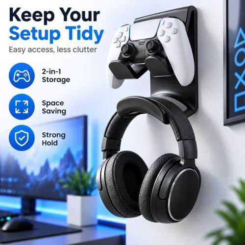 2 Pack Controller & Headphone Holder Wall Mount, Universal Game Controller Stand Headset Hanger for PS5 PS4 Xbox Series X/S One Switch PC, Gaming Accessories Storage Organizer - Image 2