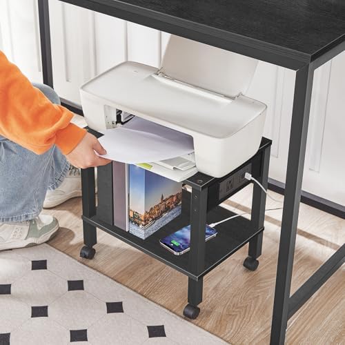 HOOBRO 2-Tier Printer Stand with Charging Station, Under Desk Printer Table, Printer Cart with Storage Shelves, Shelf for Small Spaces, for Home Office, Black BK38UPS01 - Image 4