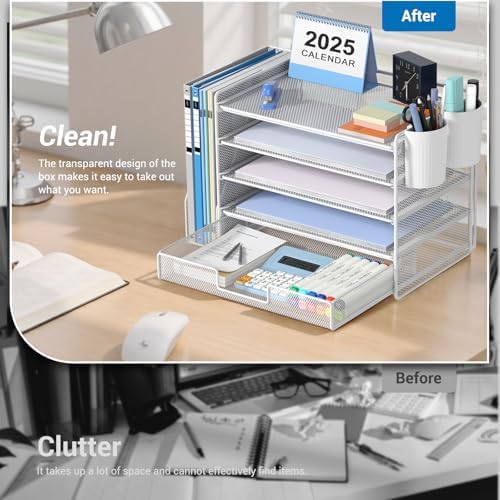 Desk Organizer, 5-Tier Desktop File Organizer with Drawer and Pen Holders, Office Desk Accessories, File Sorters, Workspace Organizers for Office Supplies(White) - Image 5