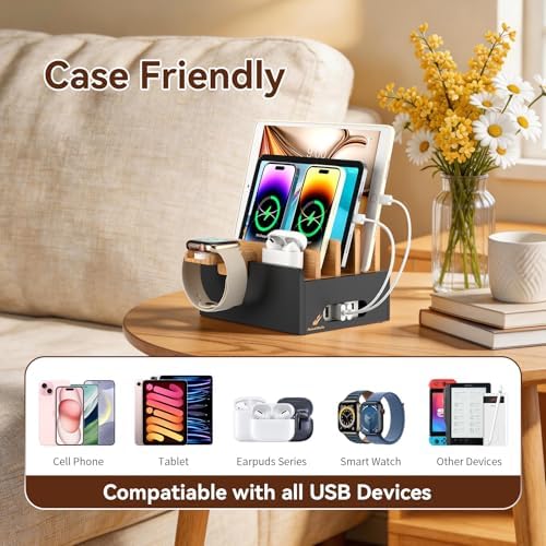 Bamboo Charging Station with USB Charger&Cables-Natural+Black - Image 2