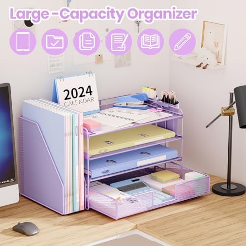 Desk Organizer, 4-Tier Desktop File Organizer with Drawer and Pen Holders, Office Desk Accessories, File Sorters, Workspace Organizers for Office Supplies(Purple) - Image 3