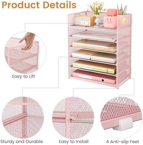 6-Tier Desk Paper Organizer, Desktop File Letter Tray with Handle, Document Sorter and Accessories Holder for Office, Home and School Workspace Organizers, Pink-2 Pack - Image 6